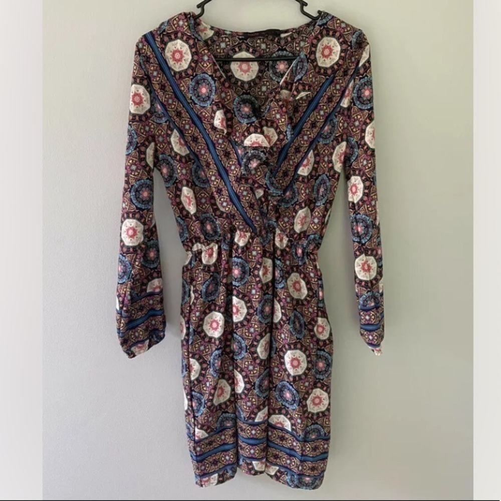 Fraiche by J Colorful Long Sleeve Pattern Ruffle Fit & Flare Dress Women’s Small